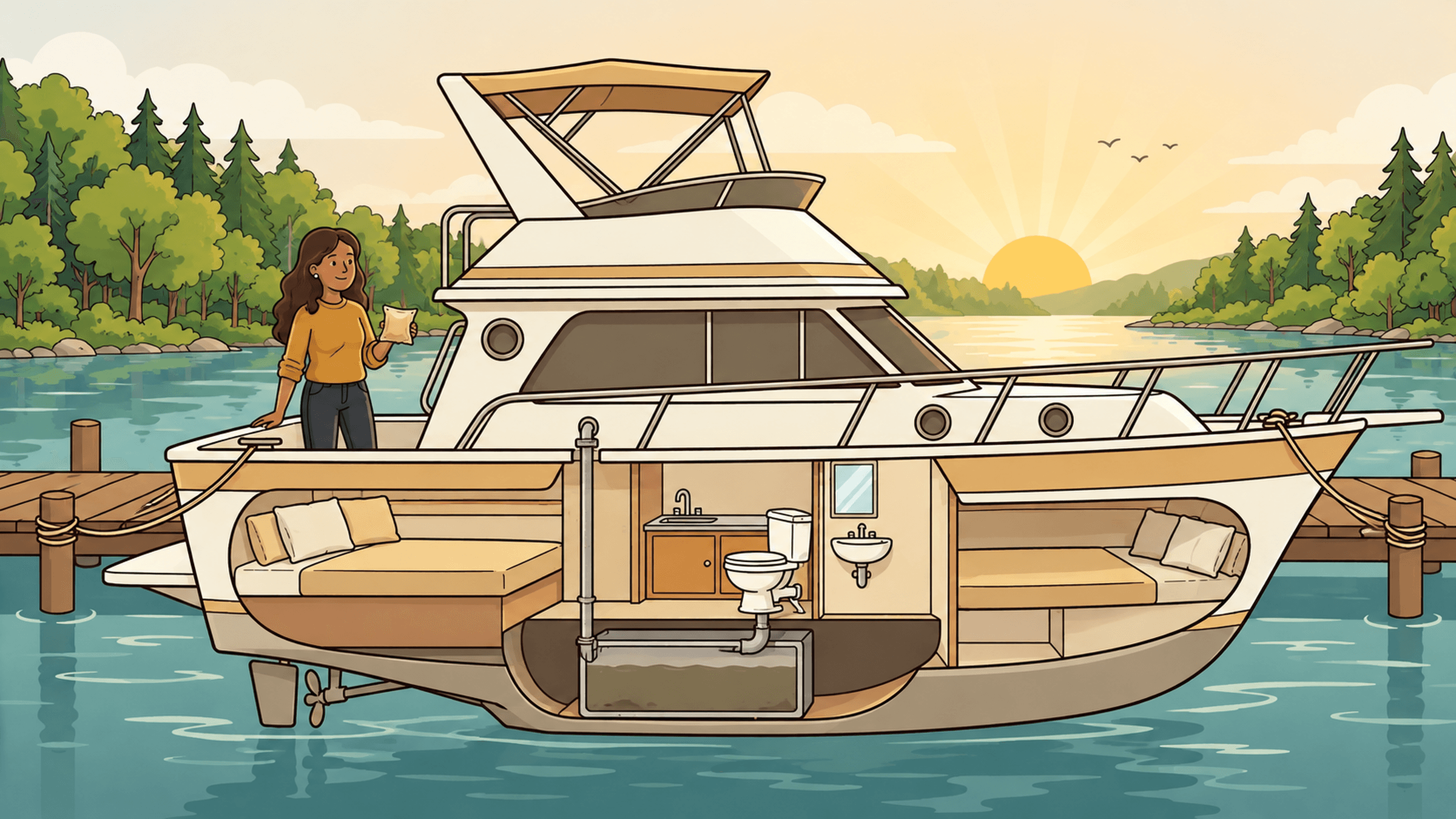 A small cabin cruiser at a wooden marina dock at sunrise, cut open to show the cabins, a single marine toilet and the holding tank inside the hull, with a woman on deck holding a beige pod.