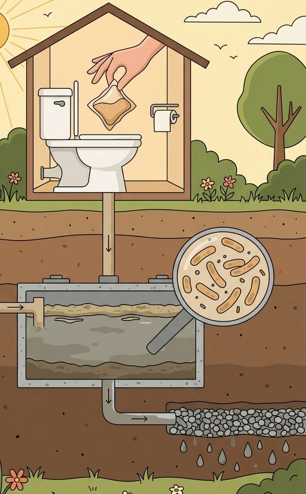 Ilustración en corte: una mano coloca una cápsula en el inodoro, el tubo la lleva a la fosa séptica, una lupa muestra las bacterias y el agua sale al campo de drenaje.