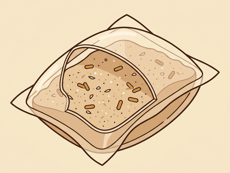 Ilustración de una cápsula abierta: polvo color canela con sal, cascarilla de arroz y esporas de Bacillus dentro de una envoltura delgada.