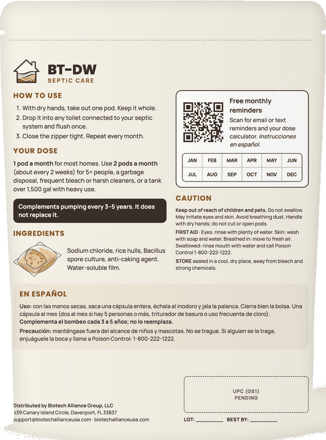 Reverso de la bolsa BT-DW: modo de uso, dosis, ingredientes, precauciones y primeros auxilios, y un código QR para recordatorios gratis.