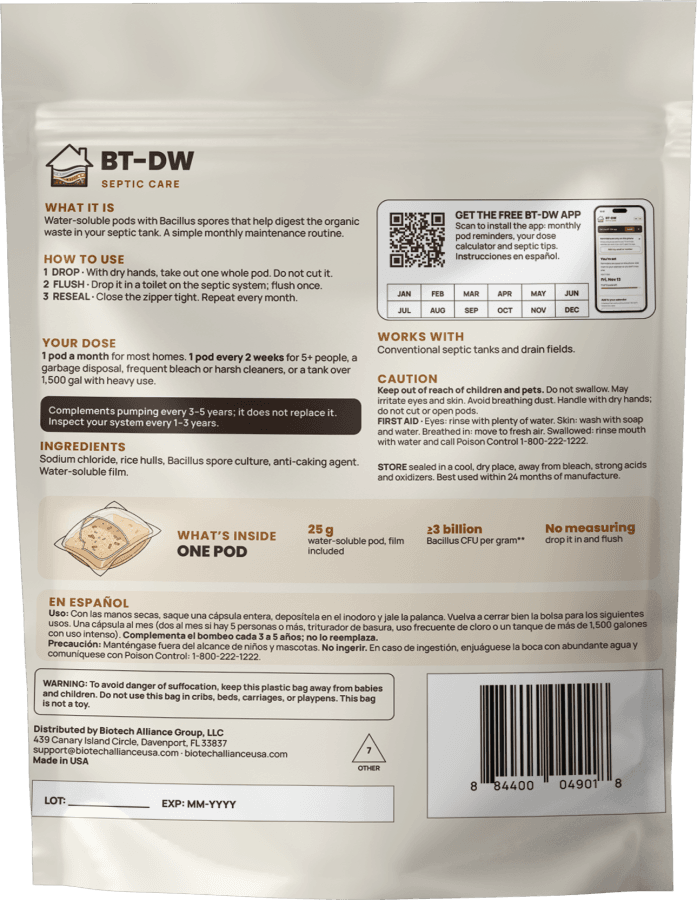 Back of the BT-DW pouch: how to use, dose, ingredients, caution and first aid, and a QR code for free reminders.