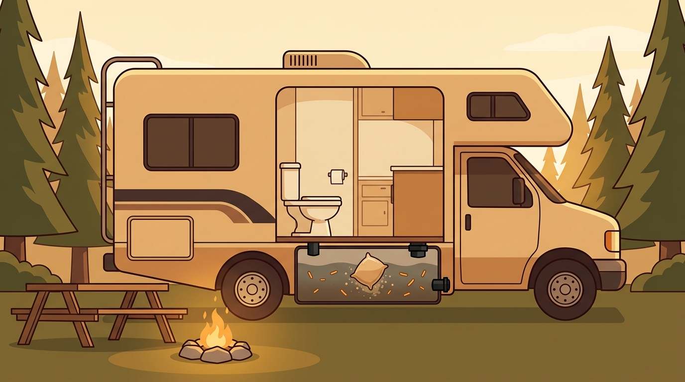 Una casa rodante en un campamento, abierta para mostrar el inodoro sobre el tanque de aguas negras.
